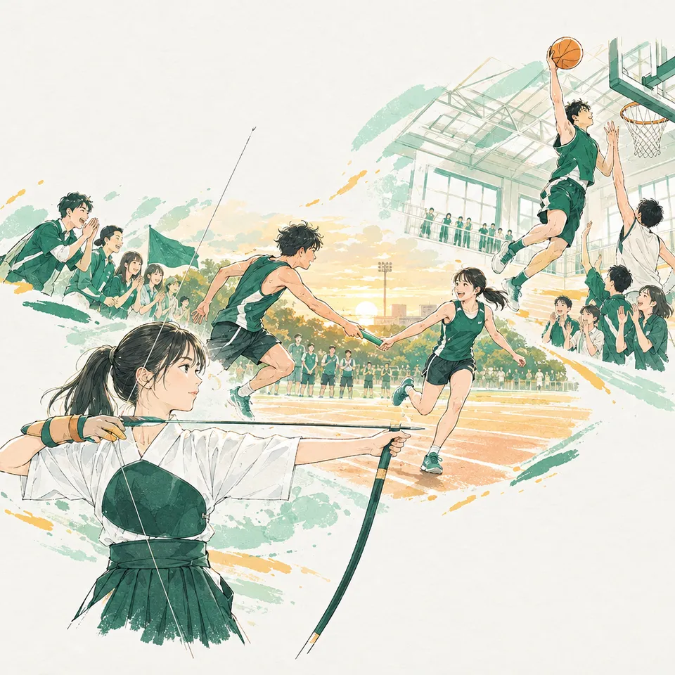 部活の場面。リレーのバトンパス・弓道・バスケットボール