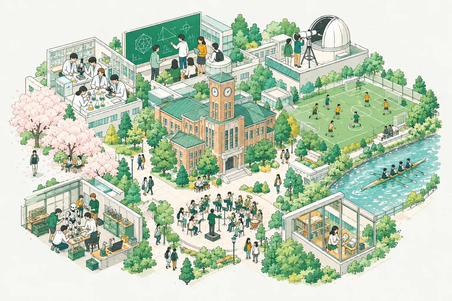 大学のキャンパスのジオラマ。研究室・部活・サークルで過ごす学生たち