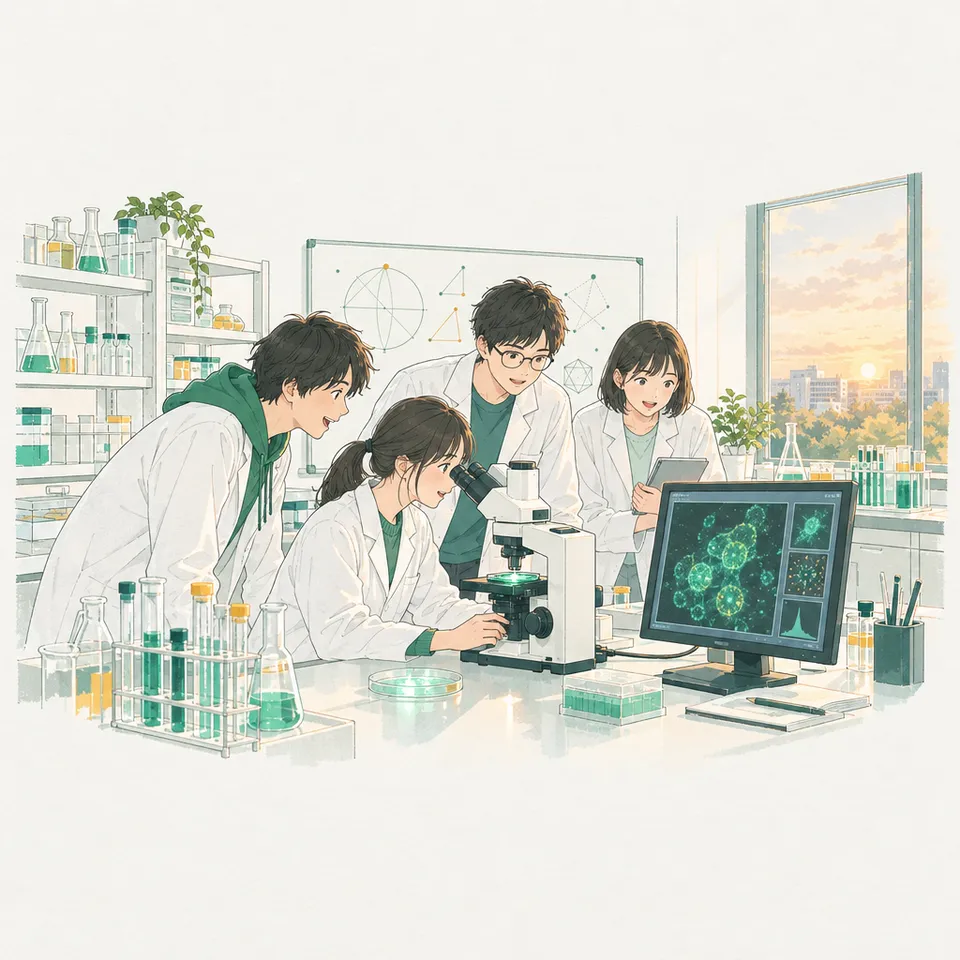 研究室で顕微鏡をのぞく学生と研究者