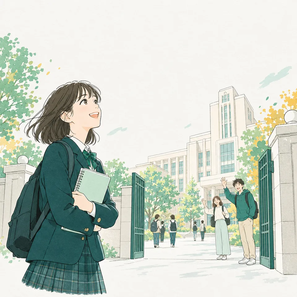 大学の門の前で校舎を見上げる高校生