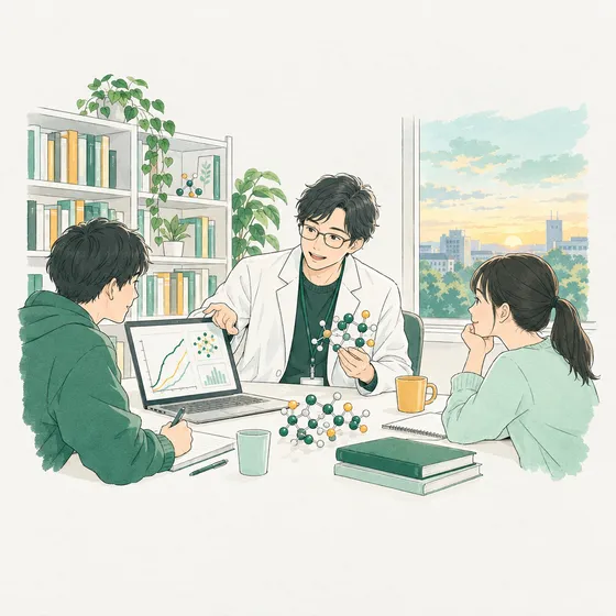 学生に研究を説明する研究者