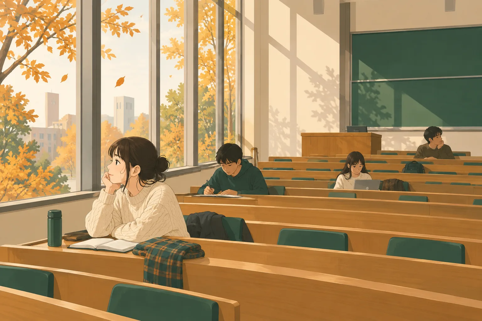 秋の午後の光が差し込む、人のいない大学の講義室
