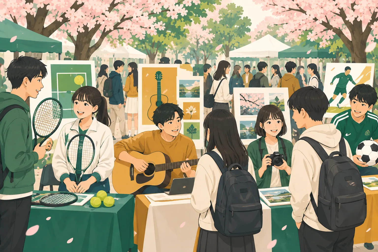 桜の下のキャンパスで、テニスやギター、カメラなどを並べた部活・サークルの紹介のブース