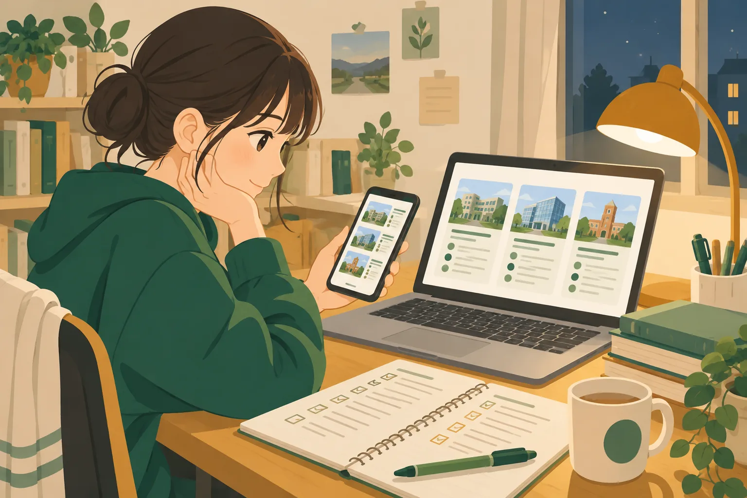 自宅の机でノートパソコンとスマートフォンを使って大学を比べている高校生
