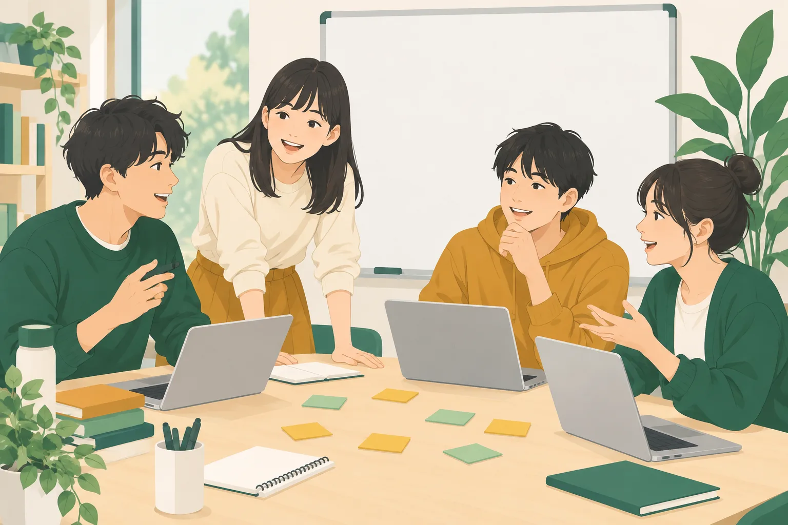 付箋とホワイトボードを囲んで、新しい学生団体の立ち上げを話し合う大学生たち