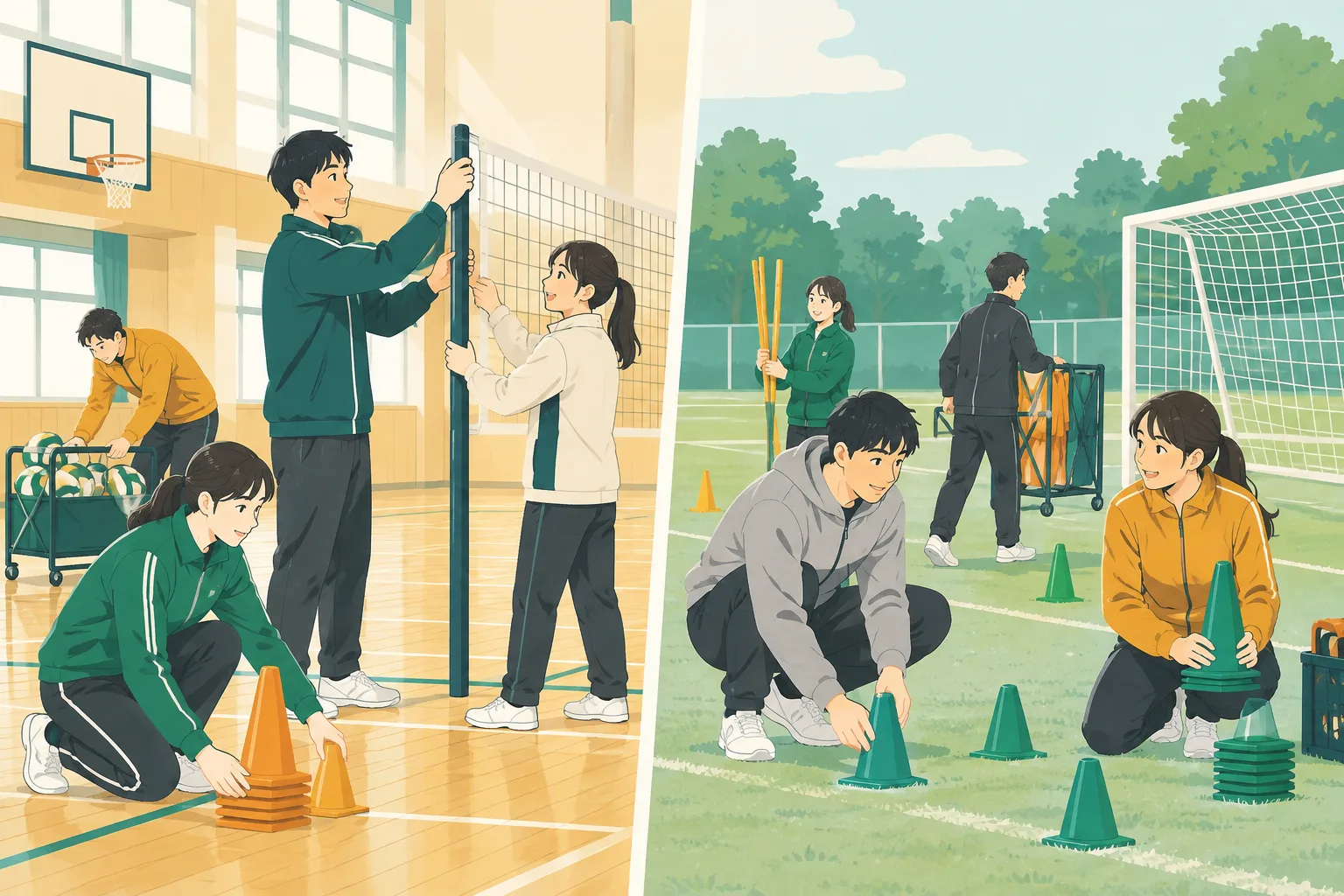体育館とグラウンドで、色の違うジャージを着た学生たちがネットやコーンを一緒に準備している様子のイラスト
