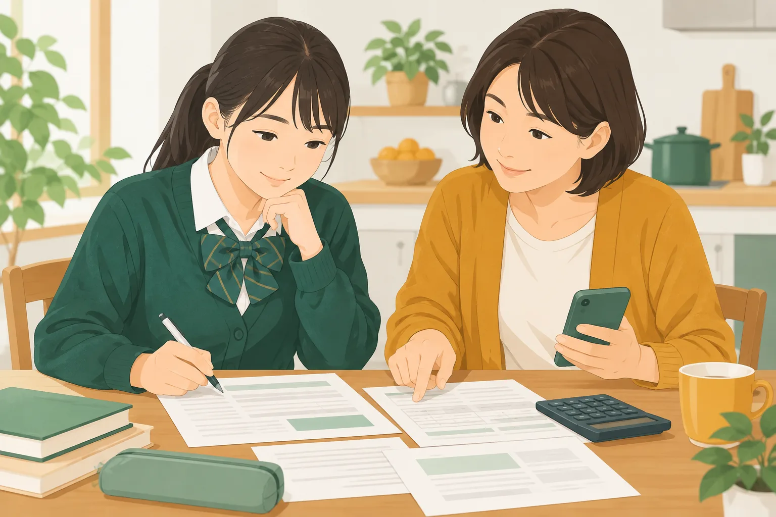 台所のテーブルで、高校生と保護者が奨学金の申込書類と電卓を見ている場面