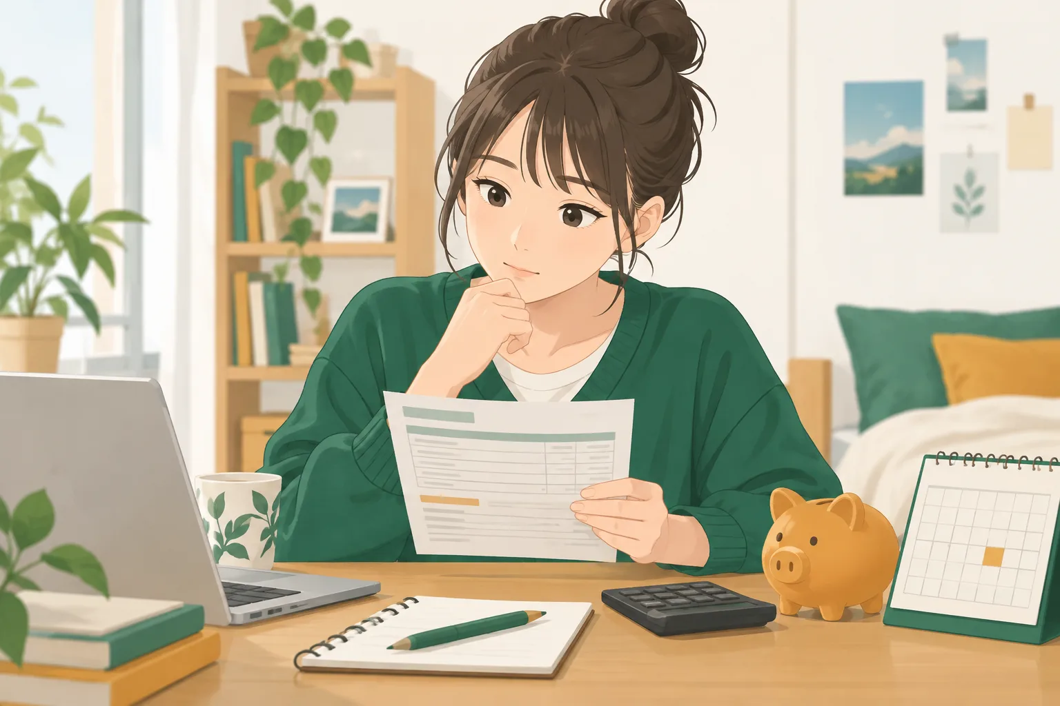 机で納付書を見ながら考えている大学生と、そばの貯金箱とカレンダー