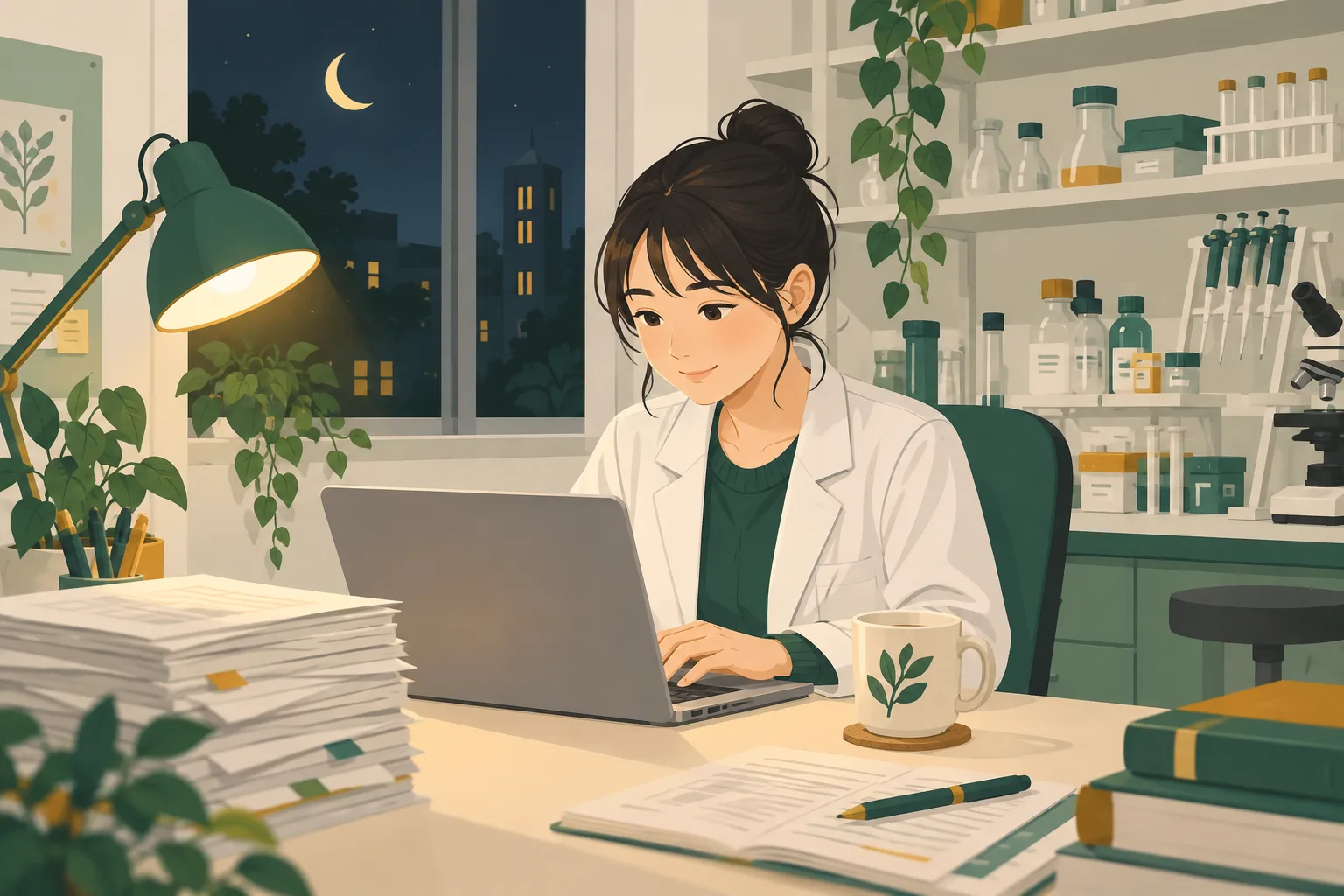 夜の大学の研究室で、白衣の若い研究者がノートパソコンに向かって申請書を書いている場面。机には論文の束とマグカップ、窓の外には月が見える