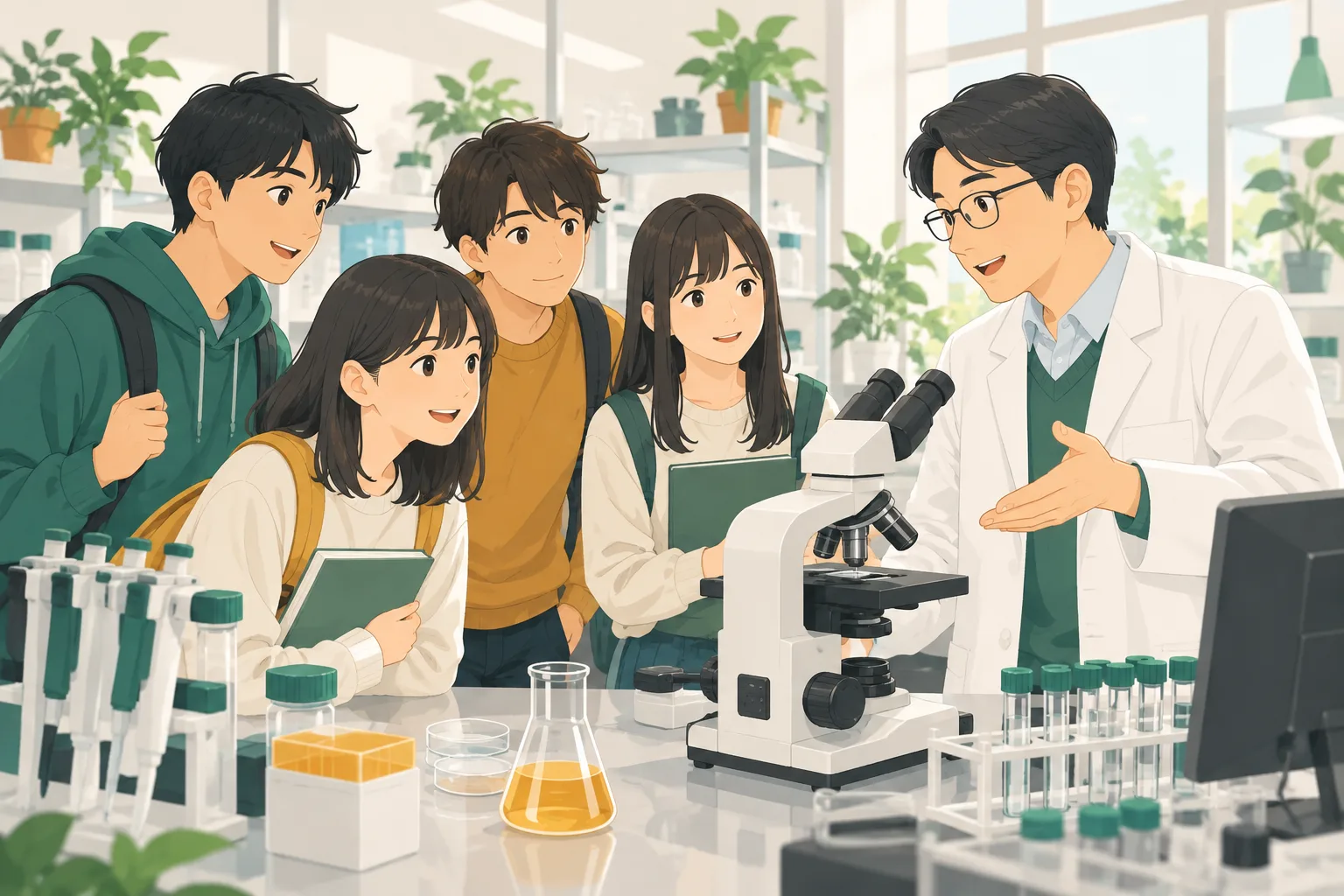 大学の研究室を訪ねた学生に、先生が実験台の機器を説明している場面