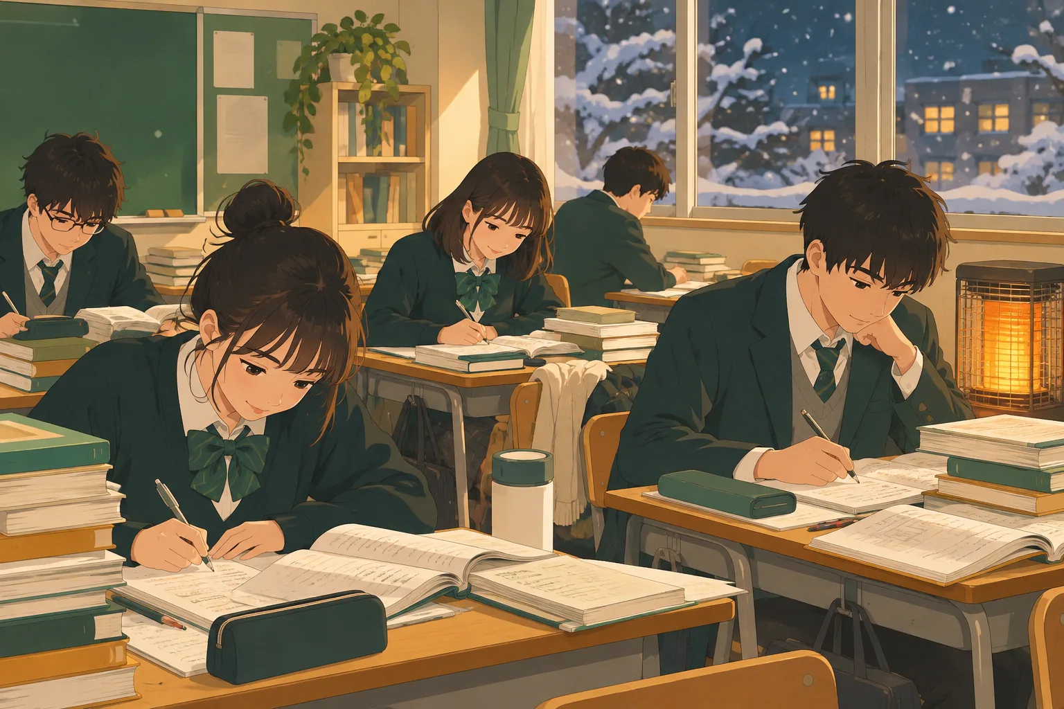 冬の夕方の教室で、教科書や問題集を広げて勉強する高校 3 年生たち