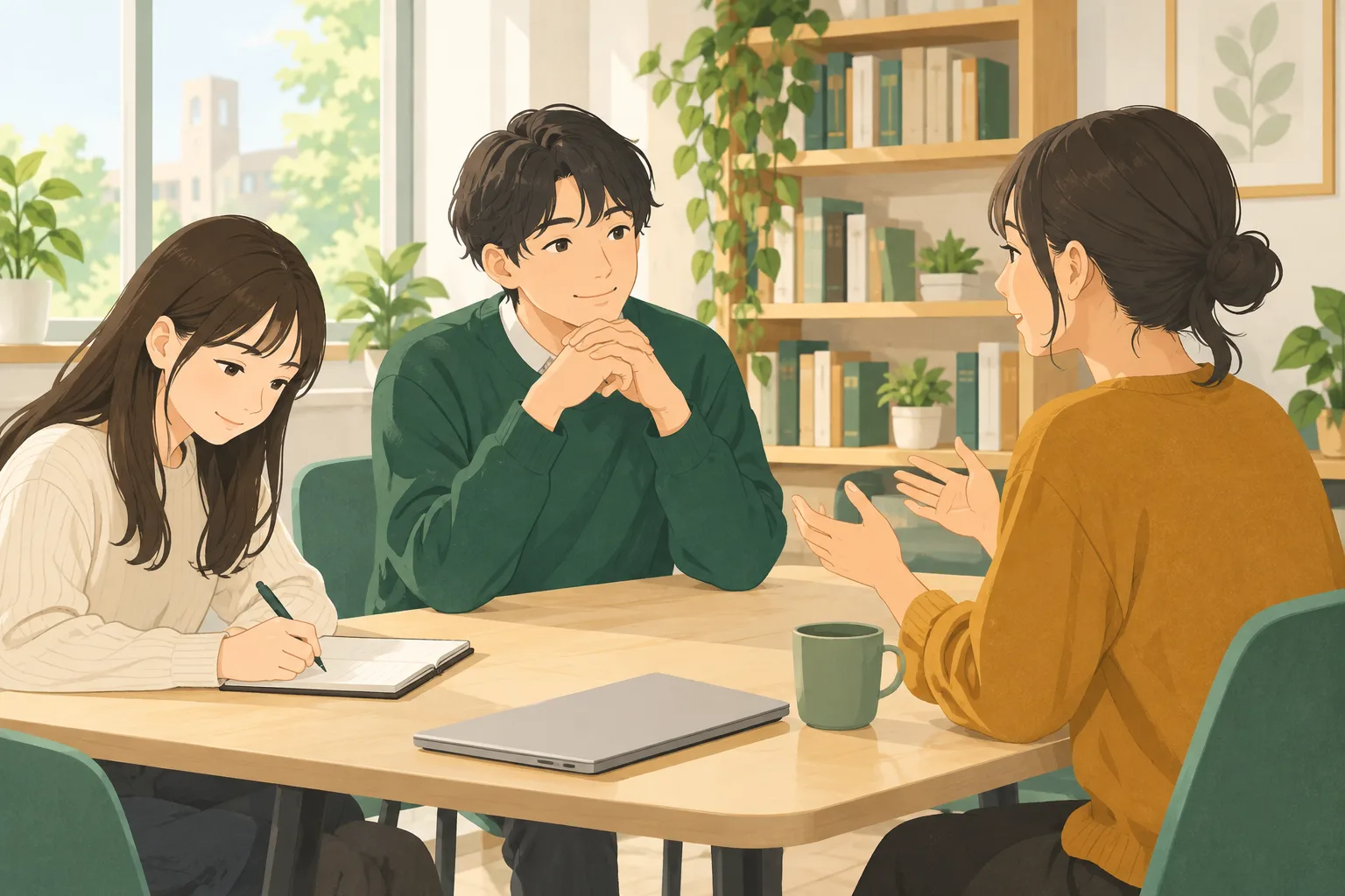 大学の演習室で、学生どうしが向かい合ってカウンセリングの練習をし、もう 1 人の学生が机のノートに記録している場面