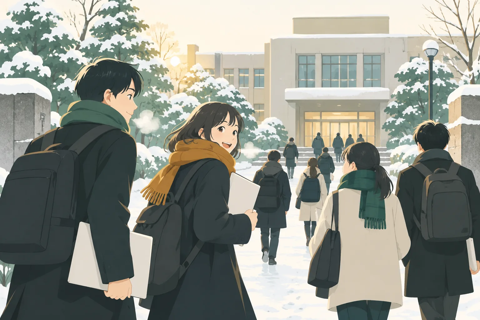 雪の朝、コートを着た受験生たちが試験の会場へ歩いていく場面