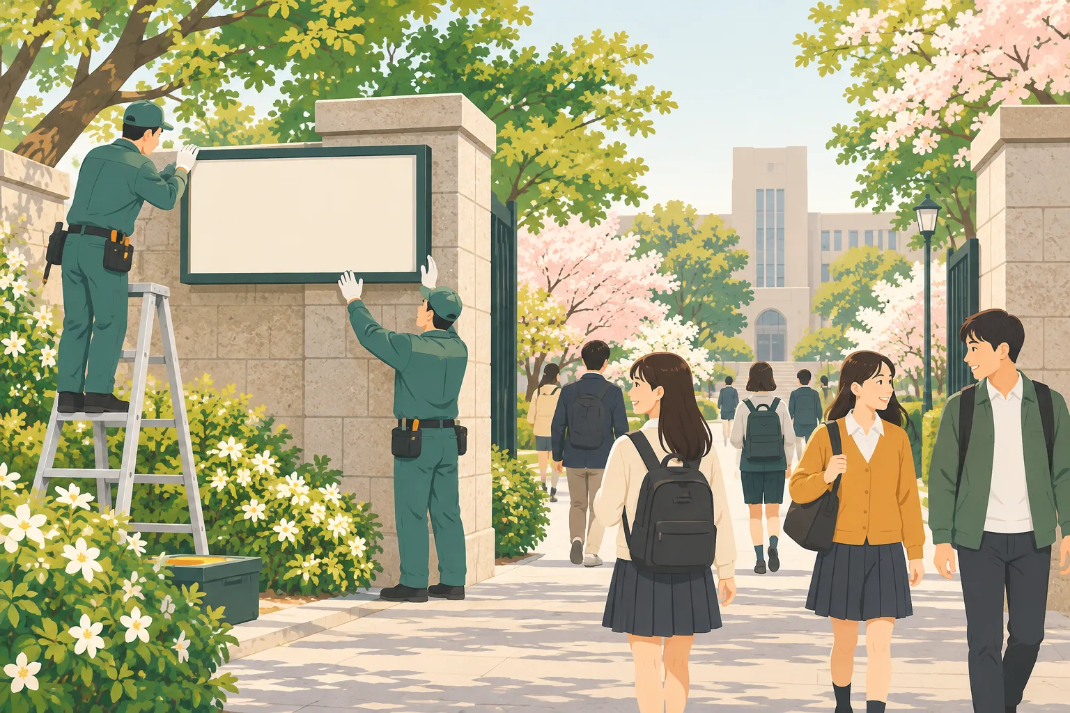 春の朝、キャンパスの入口で看板を掛け替える作業と、そばを通る学生たち