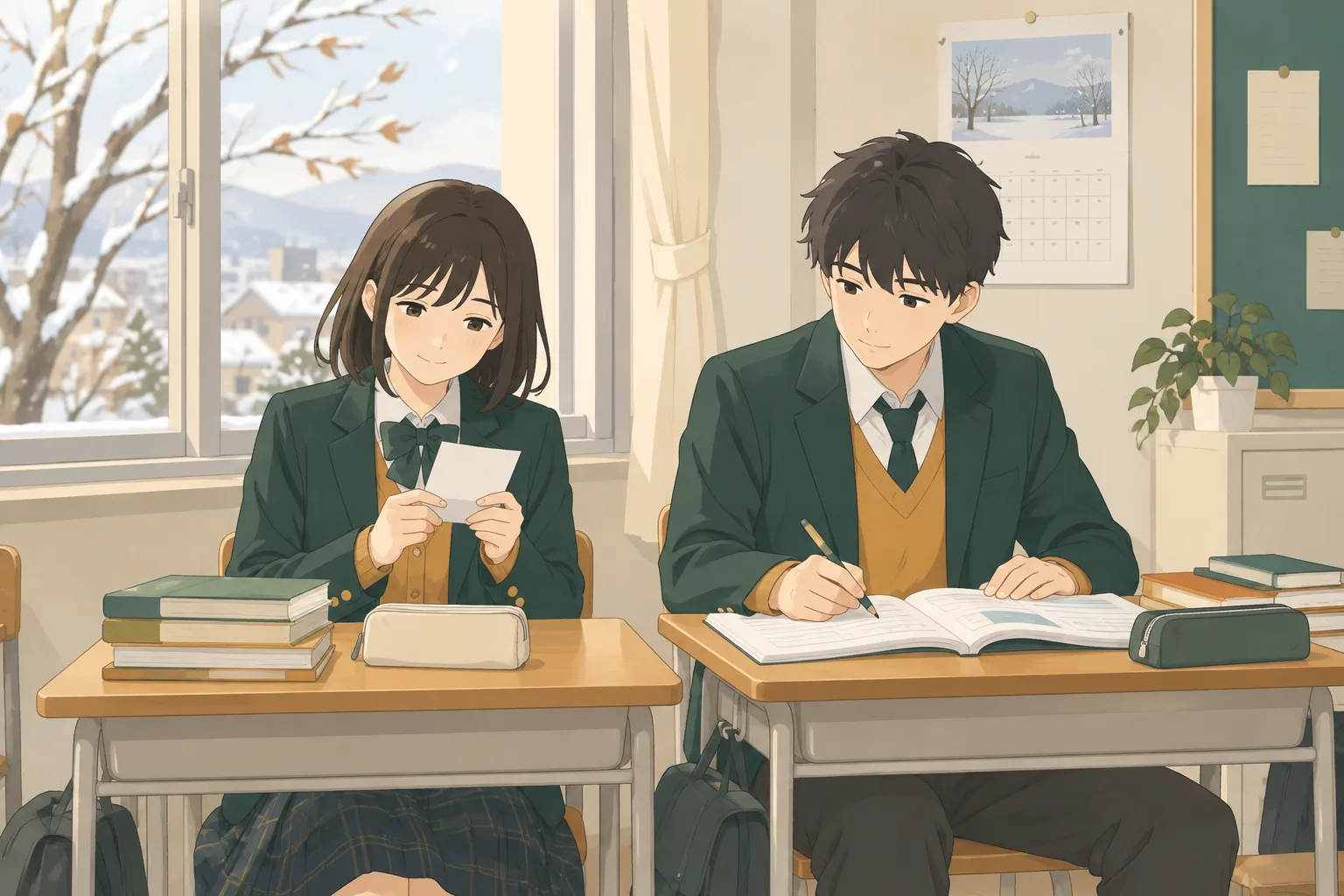 冬の初めの高校の教室で、合格の知らせを受けた生徒と、問題集を開いて勉強を続ける生徒が隣り合って座っている場面