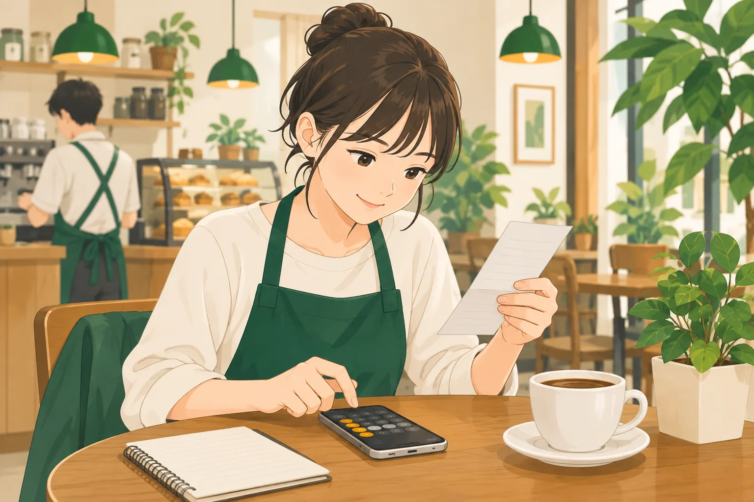 カフェでアルバイトの合間に、学生が給与明細とスマートフォンの電卓を見比べている場面のイラスト