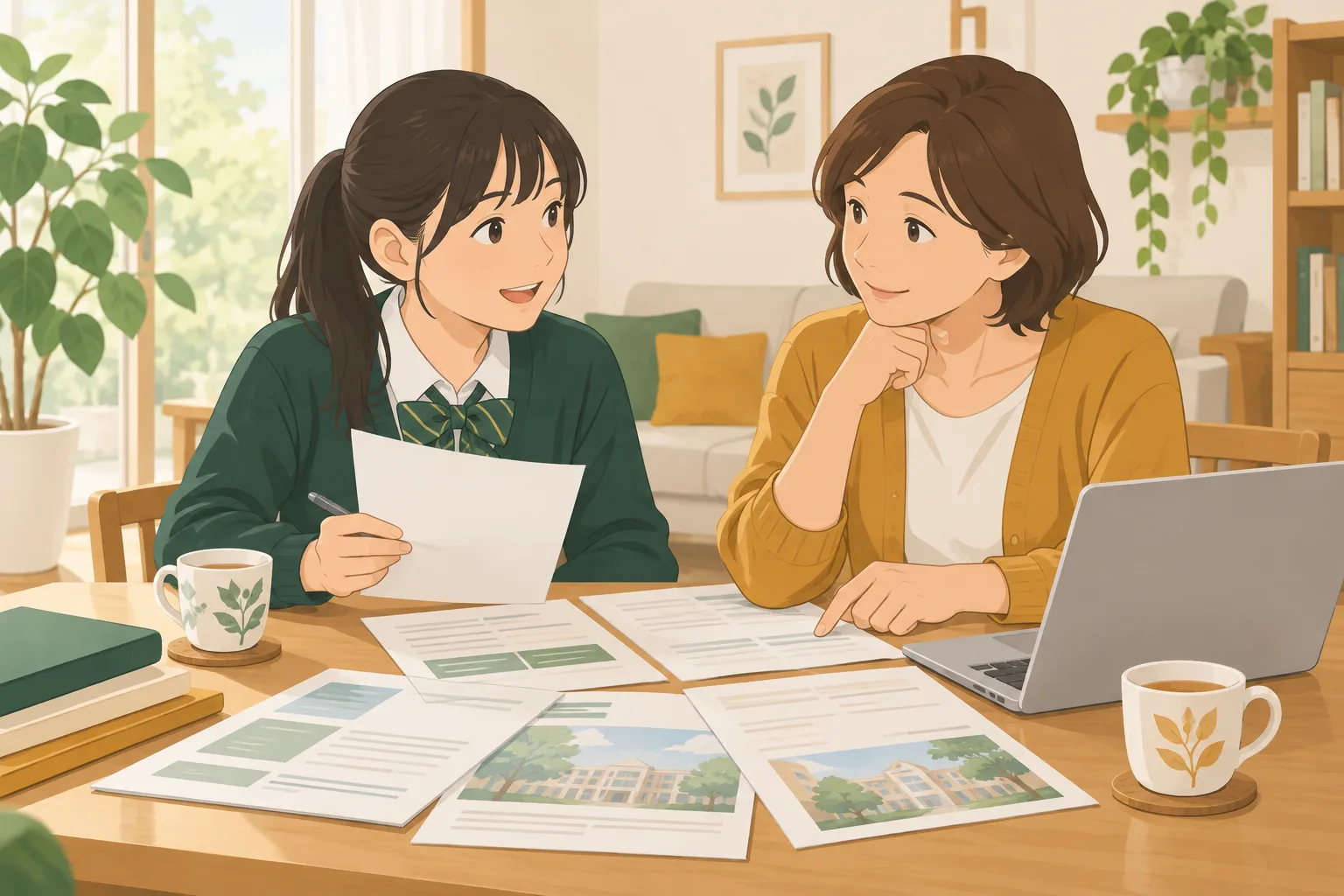 リビングのテーブルで、高校生と保護者が入試の書類を広げて話し合っている場面