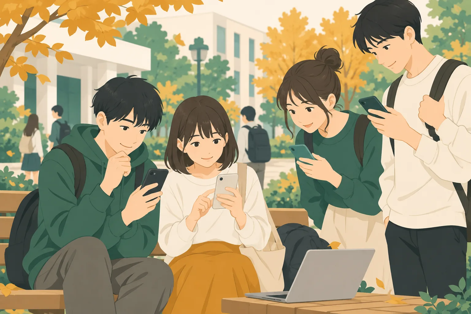 キャンパスの中庭で、学生たちがスマートフォンで大学のお知らせを確かめている場面