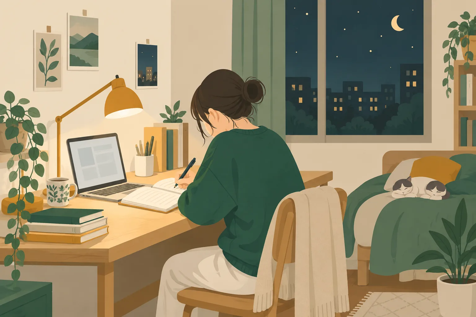 夜の自室で、学生がノートパソコンとノートを並べてレポートを書いている絵