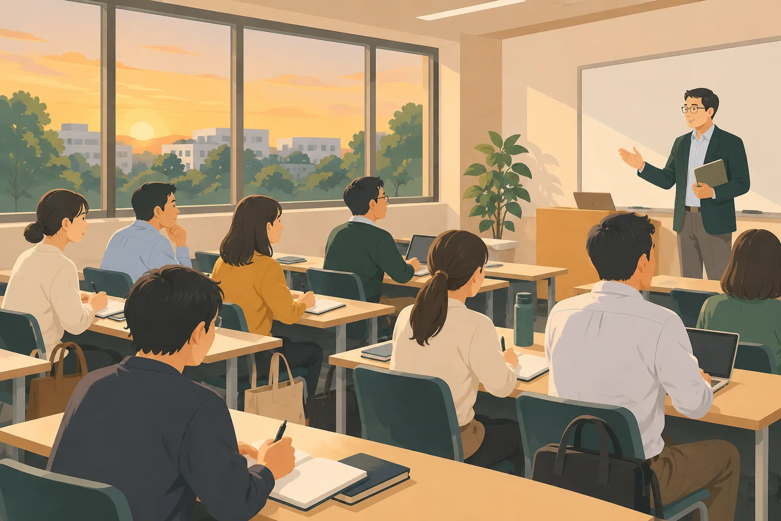 夕方の大学の教室で、仕事帰りの 30〜40 代の人たちが講師の話を聞いてノートを取っている場面