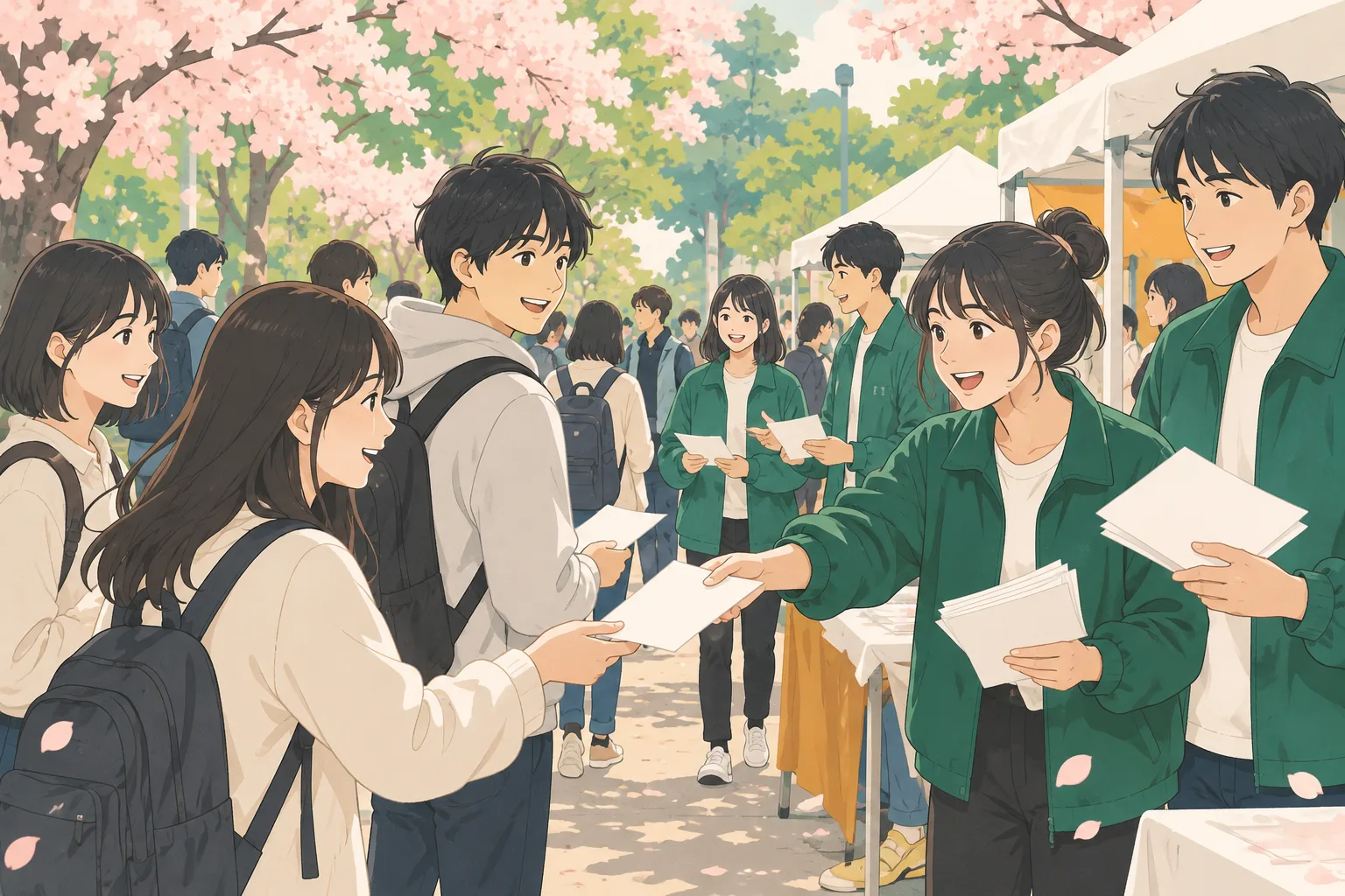 桜の下で、上級生が新入生にちらしを配る新歓の場面
