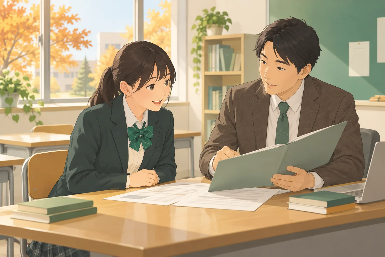 秋の放課後の教室で、先生と高校生が机に広げた書類を見ながら相談している場面
