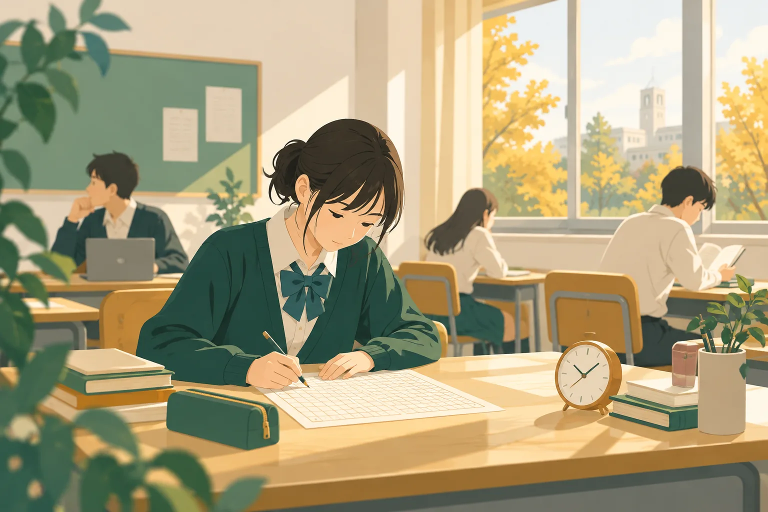 静かな教室で、高校生が机に向かって原稿用紙に考えながら書いている場面。机の上に時計がある