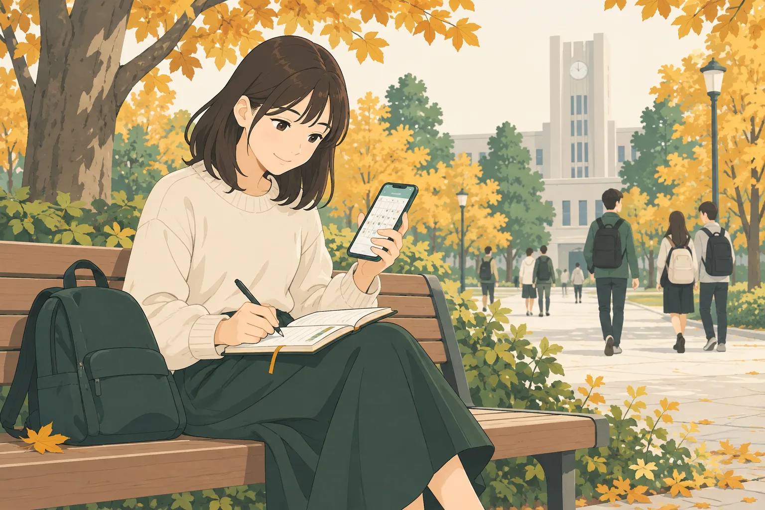 秋のキャンパスのベンチで、学生がスマホの予定表を見ながら手帳に書き込んでいるイラスト