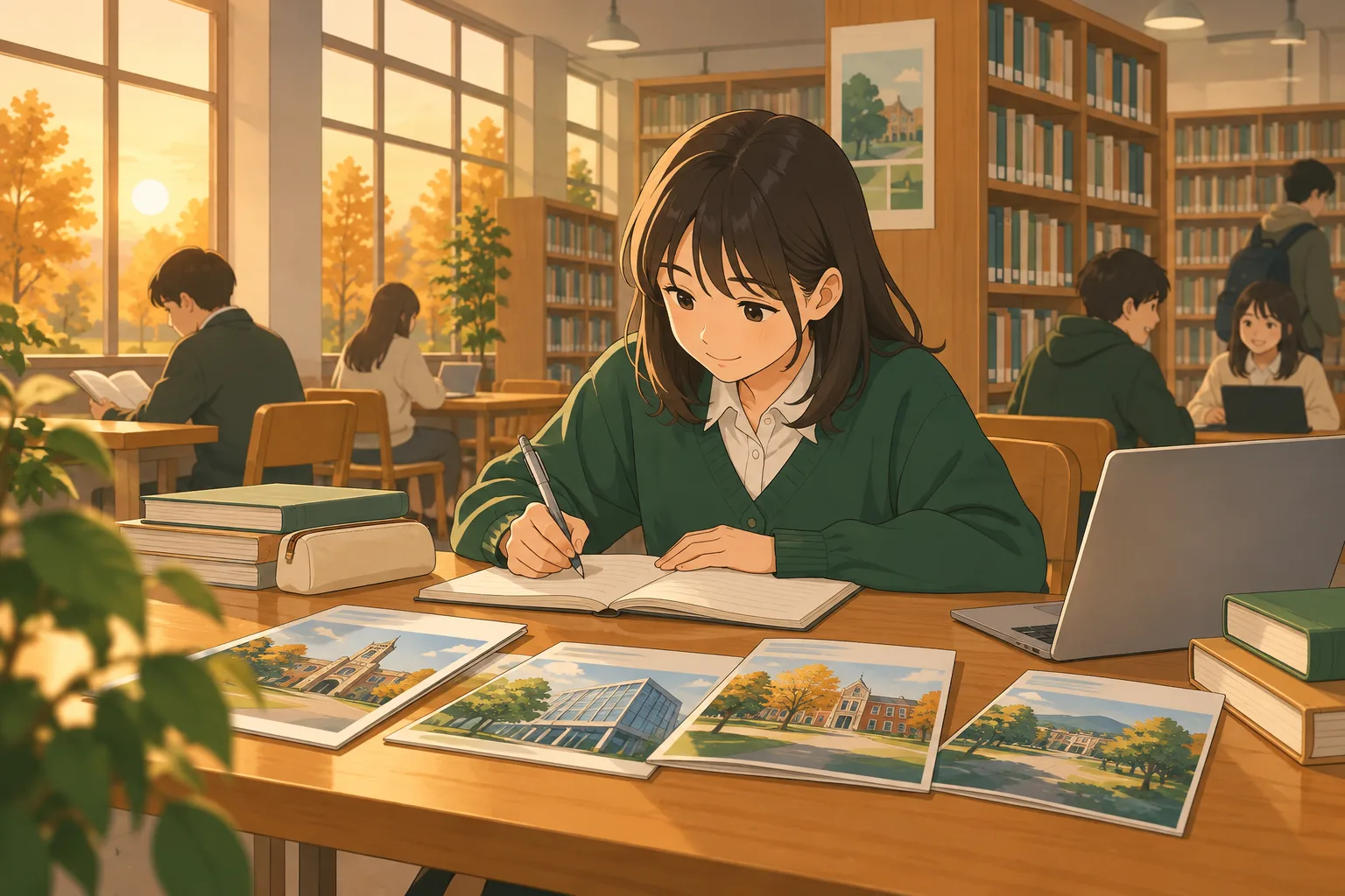 秋の夕方、高校の図書室で、生徒が大学のパンフレットとノートを机に広げて志望理由を書いている場面