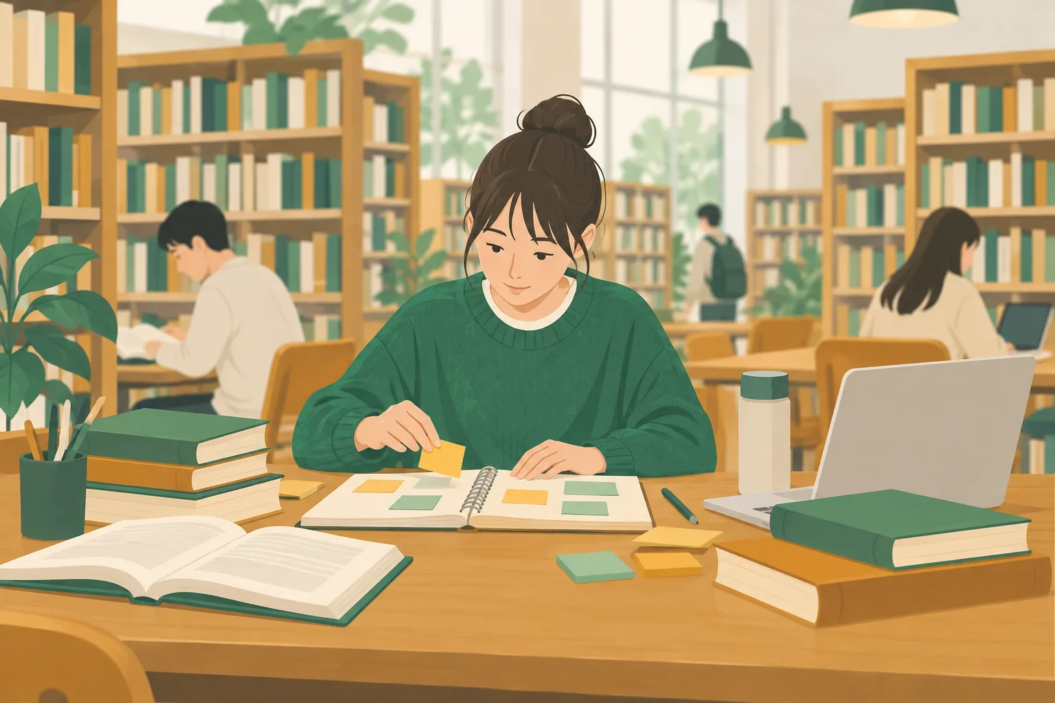 大学図書館の机で、学生が本とノートを広げ、付箋を並べて考えを整理している場面