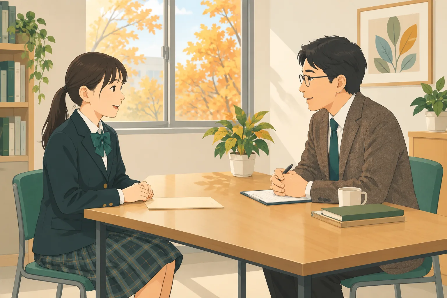 小さな部屋で、先生を相手に面接の練習をする高校生