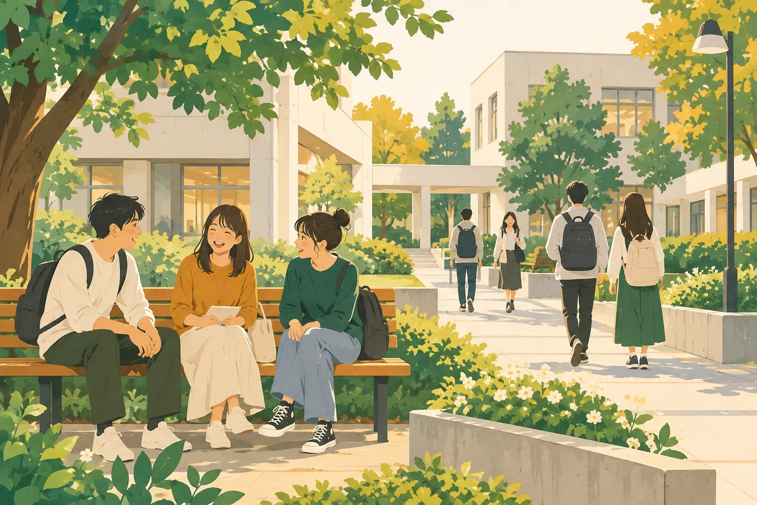 小さなキャンパスのベンチで話す学生たちと、低い校舎が並ぶ午後の短期大学