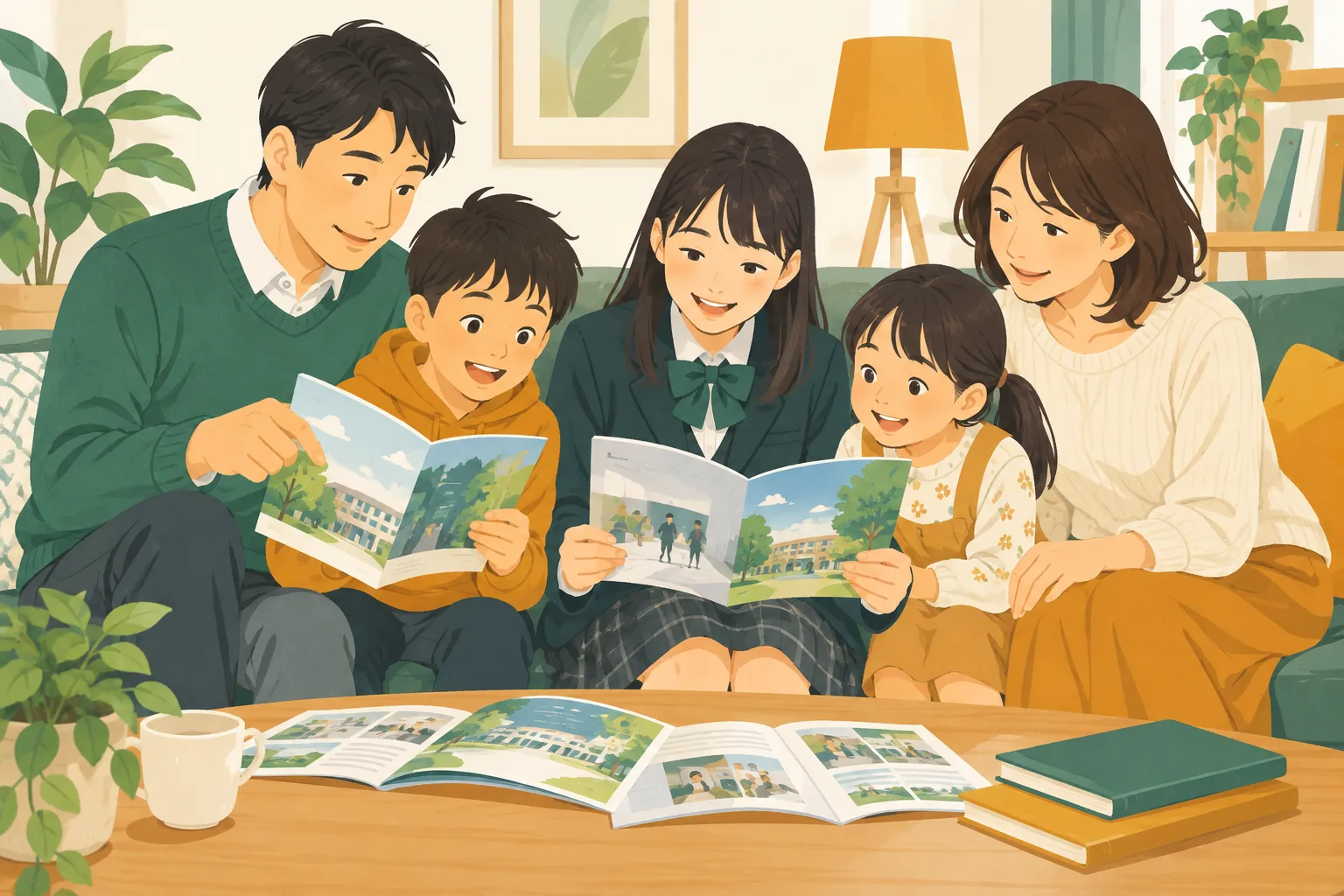 リビングのソファで、年の違う 3 人の子どもと親が大学の資料を一緒に見ている家族