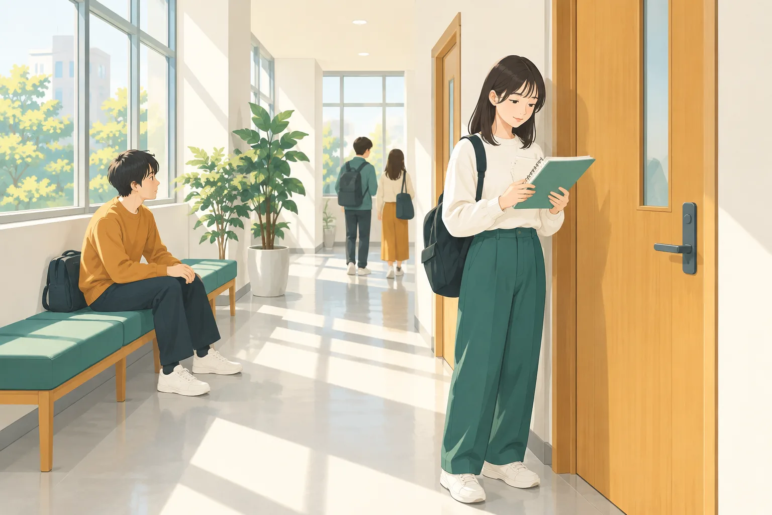 大学の廊下で、ノートを見返しながらゼミ面接の順番を待つ学生と、ベンチに座るもう一人の学生