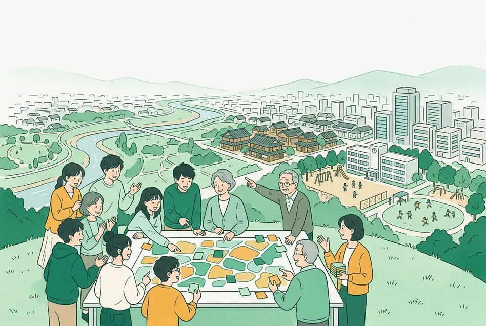 古い木造の町並みと新しいビルが並ぶ街を見下ろす丘で、大きな地図に付せんを貼りながら話し合う学生と住民、小学校の隣の公園で遊ぶ子どもたち