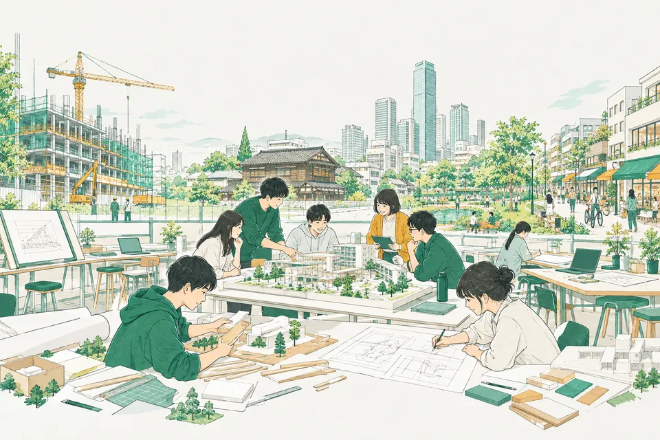 大学の製図室で大きな模型を囲んで議論する学生と、工事中の建物・公園・商店街・古い木造の建物が広がる街並み