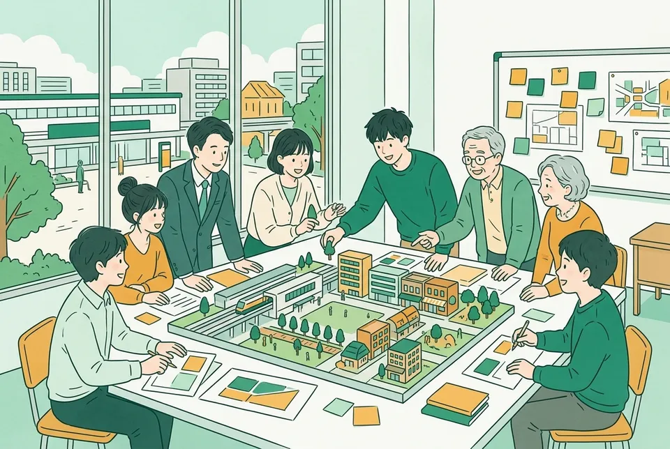 駅前の大きな模型を囲んで、市役所の職員と住民、大学生が広場や並木道の位置を話し合い、奥には新しい建物と古い商店街が並んでいる
