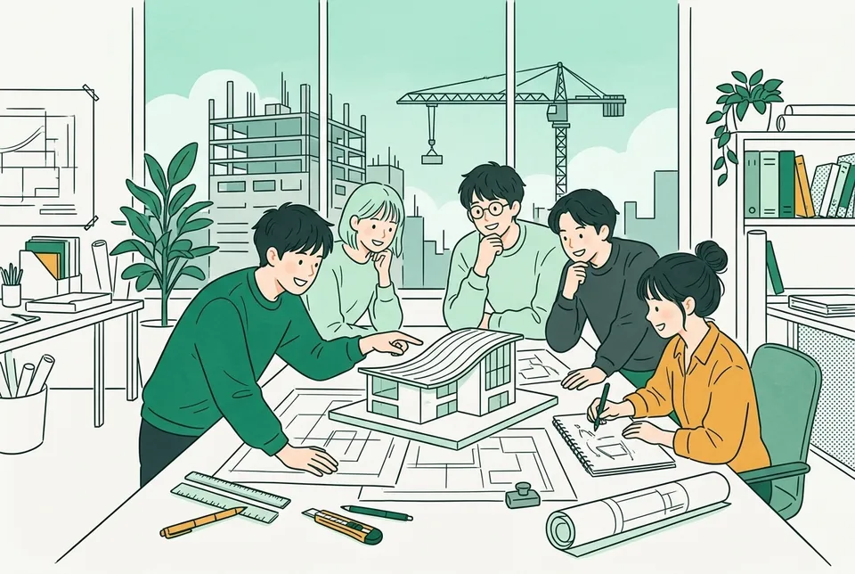 設計事務所の大きな机で白い建物の模型と図面を囲む若い設計者たちと、窓の外でクレーンが動く建設中の建物