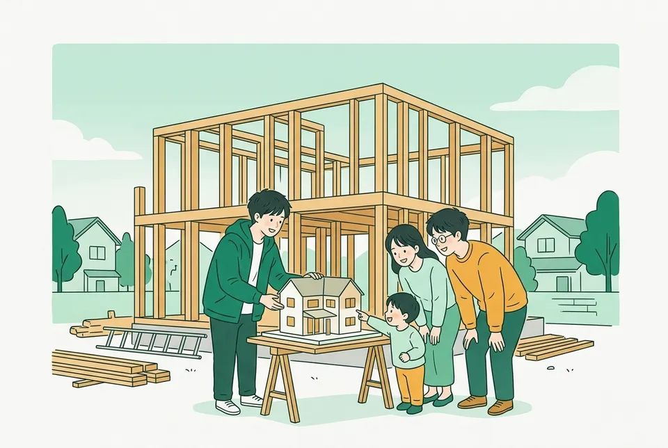 木の骨組みが立ち上がった家の前で、若い設計担当者が家族に間取りの模型を見せ、子どもが窓の位置を指さしている