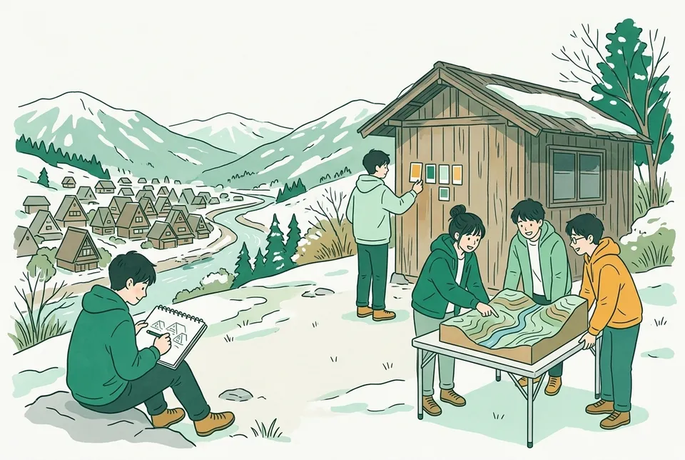 山あいの集落を見下ろす丘で、スケッチブックに家並みを描く学生、色見本のカードを古い家の外壁にかざす学生、地形の模型を囲んで川や坂を指さす学生たち