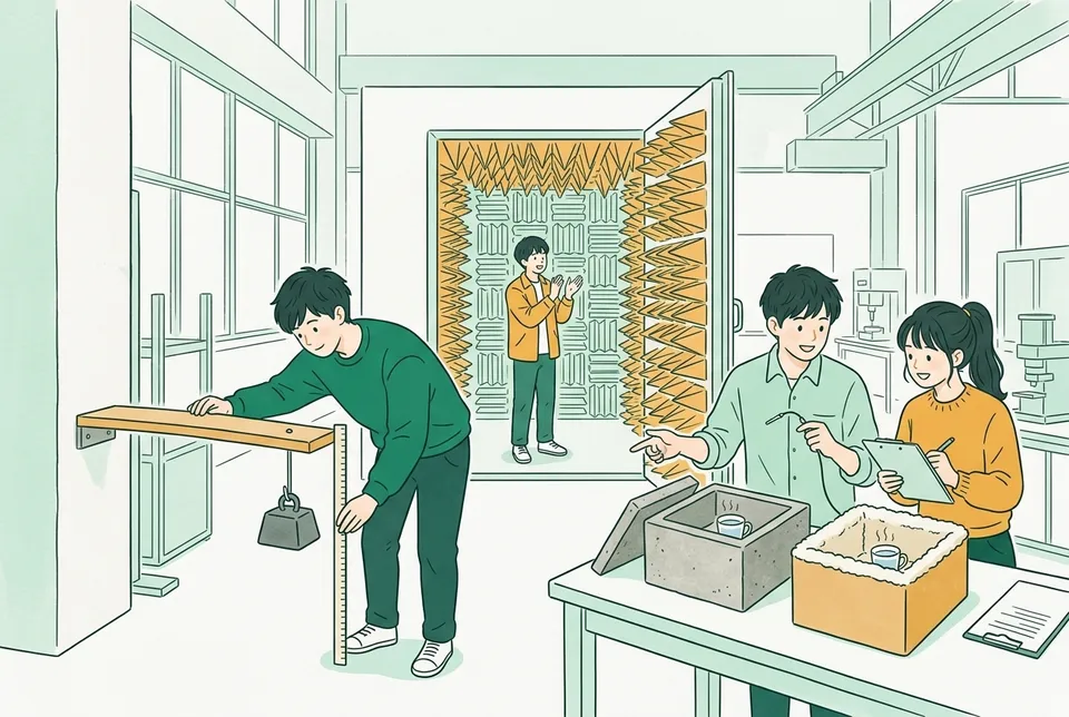 実験室で、はね出した板の先におもりを下げてたわみを測る学生、凹凸の吸音材に囲まれた部屋で手をたたく学生、コンクリートと断熱材の箱の温度を比べる学生たち