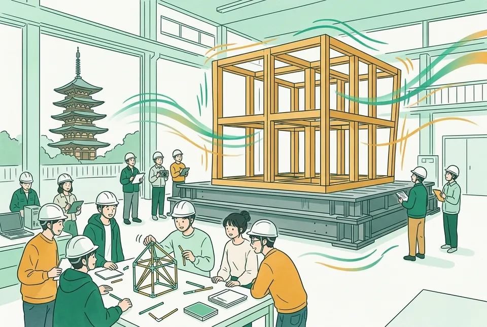 大きな震動台の上に組まれた実物大の建物を見守る学生たち、奥にそびえる木造の五重塔、机の上のストローで作った骨組みの模型