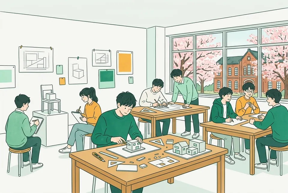 春の製図室で、鉛筆でデッサンをする学生、定規で図面の線を引く学生、厚紙で小さな建物の模型をつくる学生たち