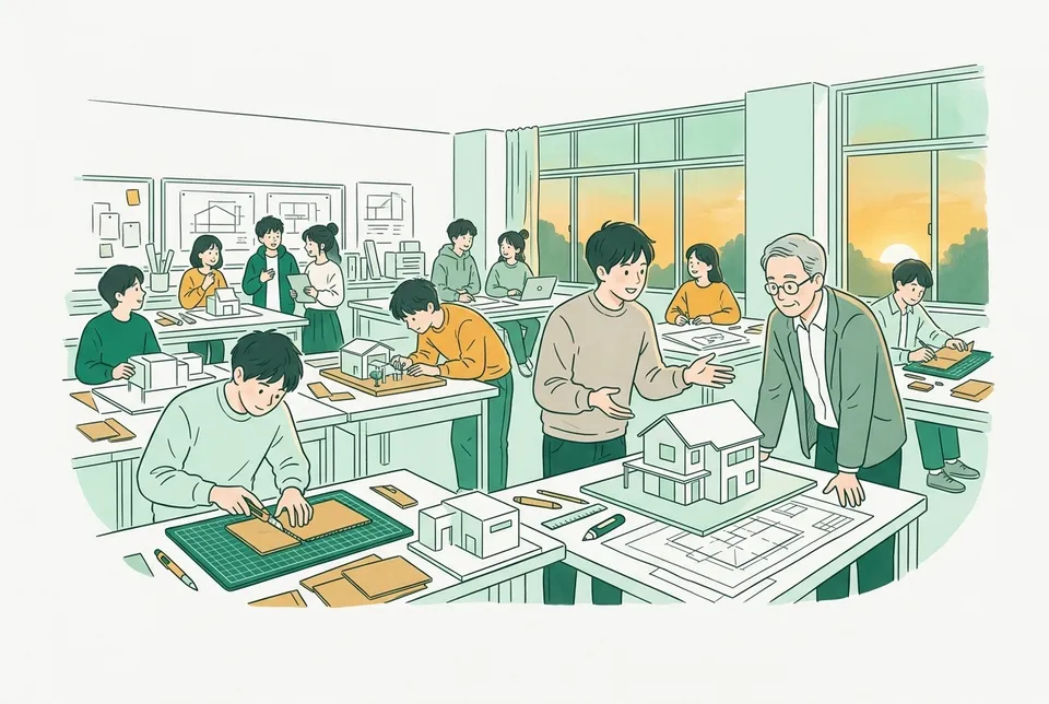 製図室で住宅の白い模型と図面を前に、学生が教員に案を説明し、まわりで同級生が模型をつくっている