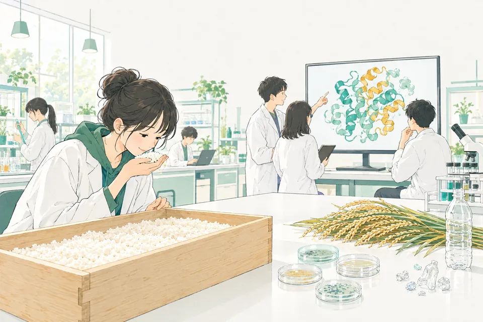 米麹の入った木の箱、実った稲穂、細菌を育てる培養皿、タンパク質の立体の形が映る画面を囲んで話し合う学生たち