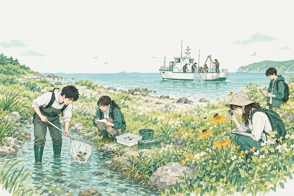 川辺で網を持つ学生、花に集まるミツバチを観察する学生、沖の調査船で細かい網を引き上げる学生たち