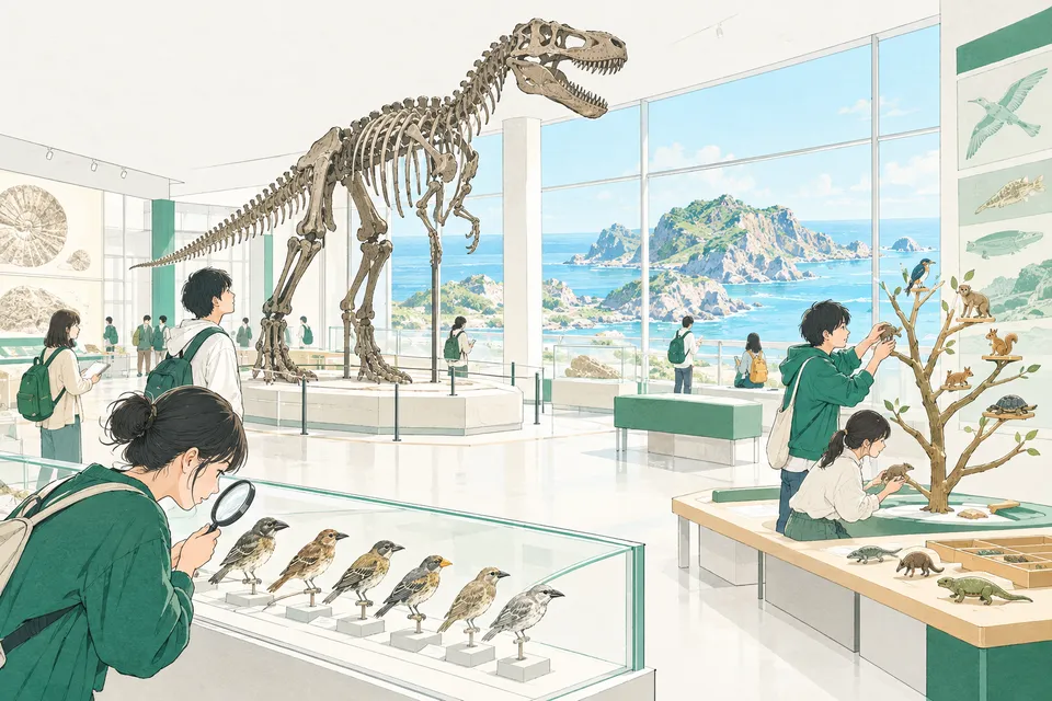博物館の展示室で、くちばしの形が違う小鳥の標本、恐竜の全身骨格、枝分かれする木の模型を見比べる学生たち