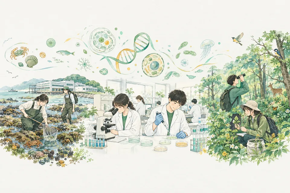 研究室で顕微鏡や実験をする学生と、磯や森で生き物を調べる学生がつながる生物学の世界