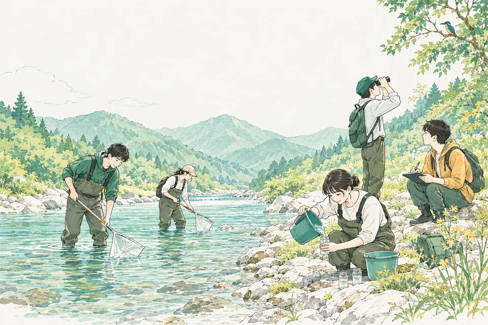 山あいの澄んだ川で、胴長をはいた学生たちが網で生き物をすくい、岸では水をびんにくむ学生と、双眼鏡で鳥を探す学生がいる、晴れた日の調査の様子
