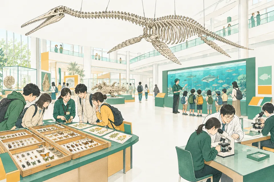 博物館の吹き抜けにつるされた首長竜の骨格の下で、標本の引き出しを開ける学芸員、水槽の前で説明する飼育員、顕微鏡を囲む先生と生徒が 1 つの場面に集まる様子